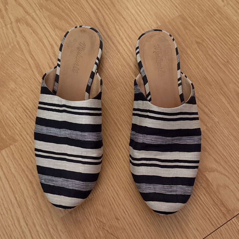 Linen Striped Madewell Navy and Gray Slip-On Mules